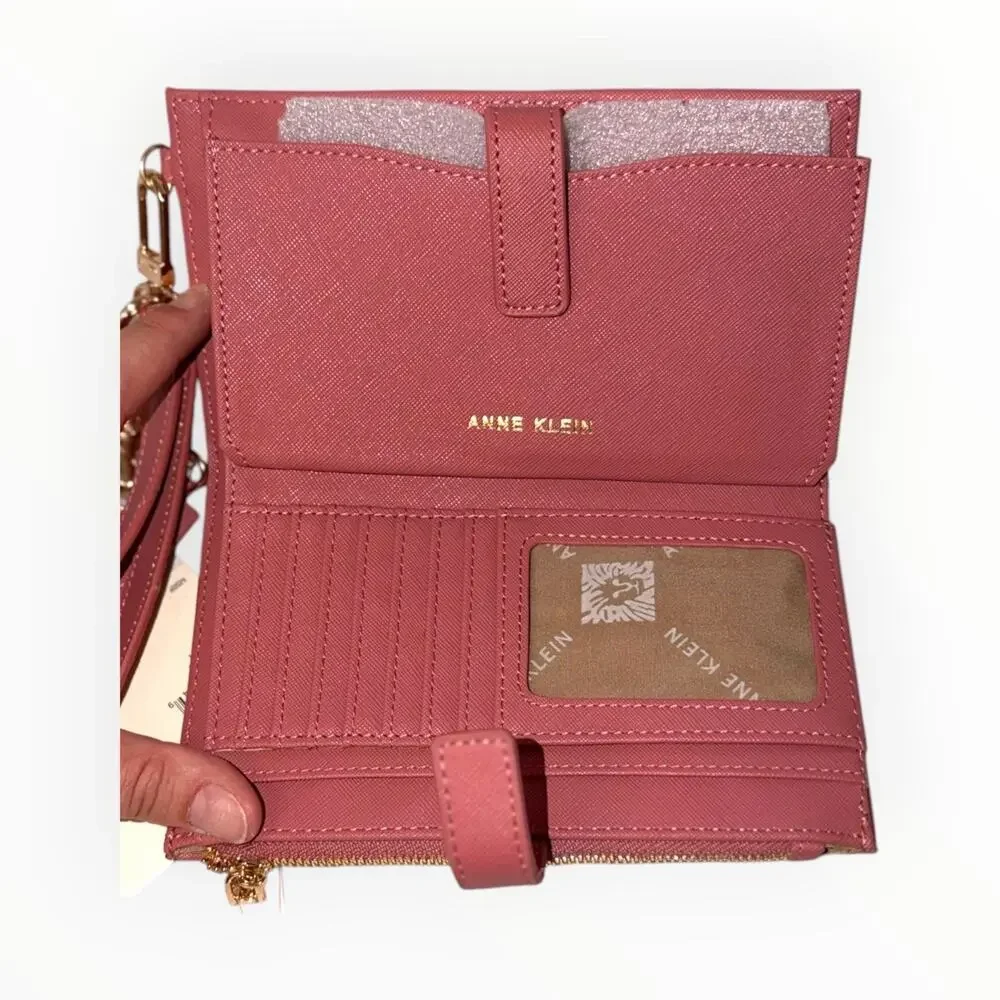 Anne Klein Pink Wallet Wristlet Bifold Phone Pocket Charm Zip Pocket NWT AKW1688